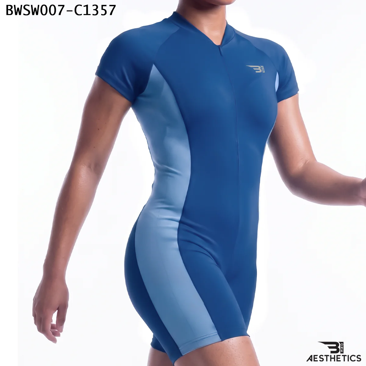 Women's one piece swimsuit front view featuring front zipper and side contour panels