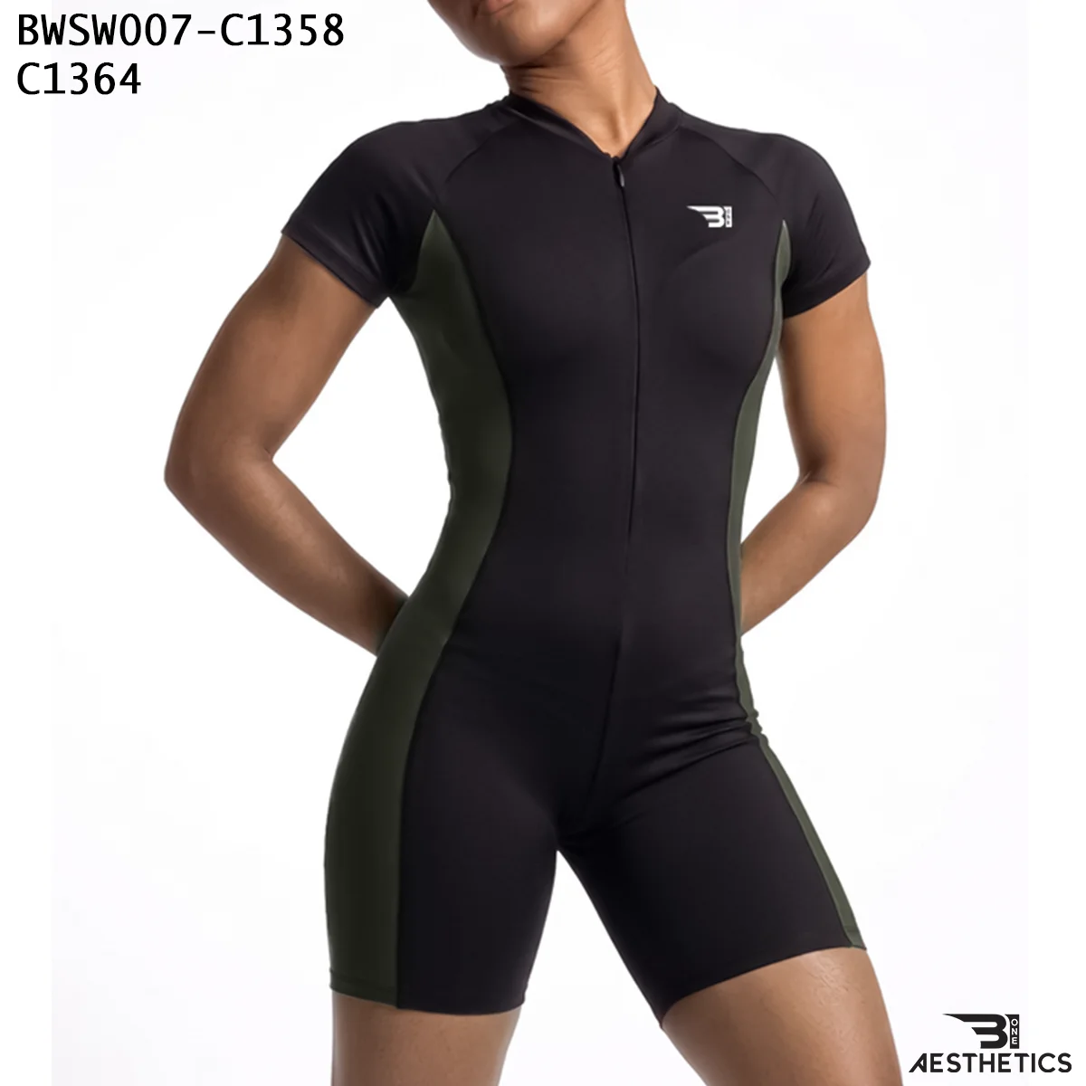Women's one piece swimsuit front view featuring front zipper and side contour panels