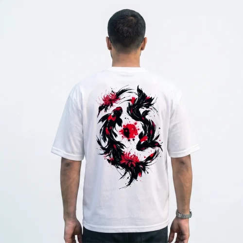 Unisex oversized t-shirt back view showing Japanese ink art Koi fish graphic Oversized Koi Fish