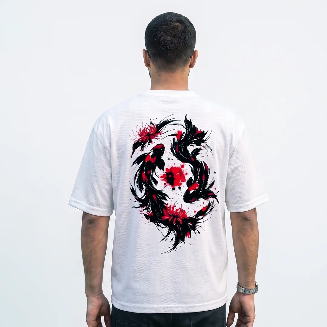 Unisex oversized t-shirt back view showing Japanese ink art Koi fish graphic Oversized Koi Fish