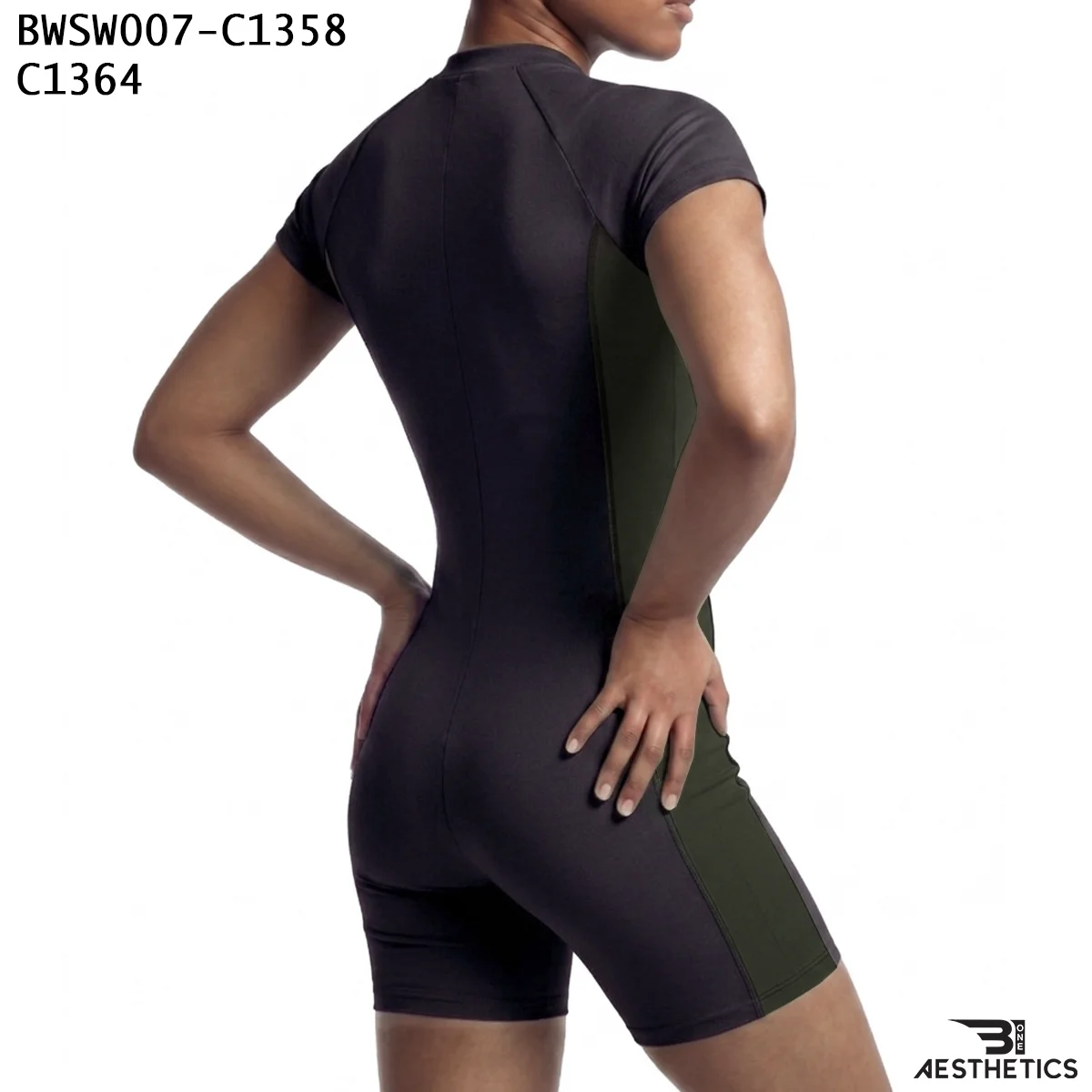 Women's one piece swimsuit back view showing boy leg coverage and ergonomic seams