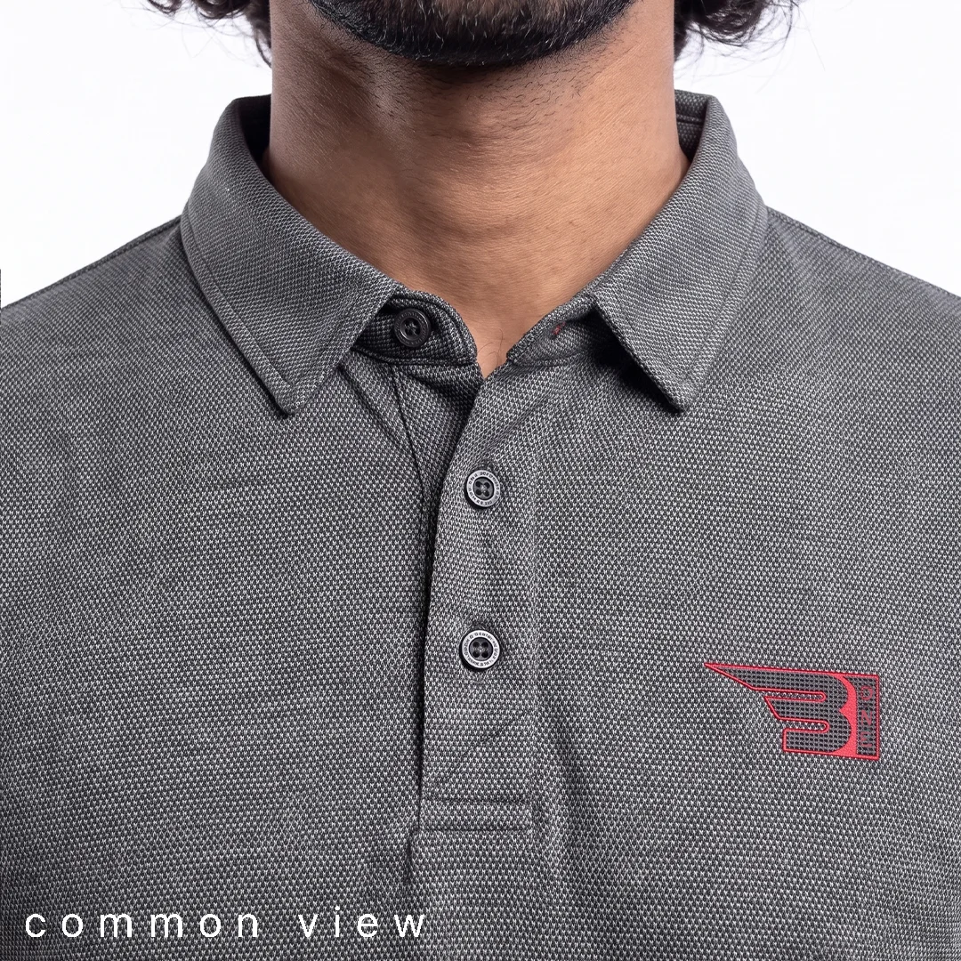 Close up of men's polo t-shirt structured collar and button placket