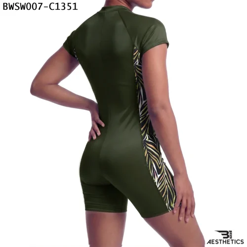 Women's one piece swimsuit back view showing boy leg coverage and ergonomic seams