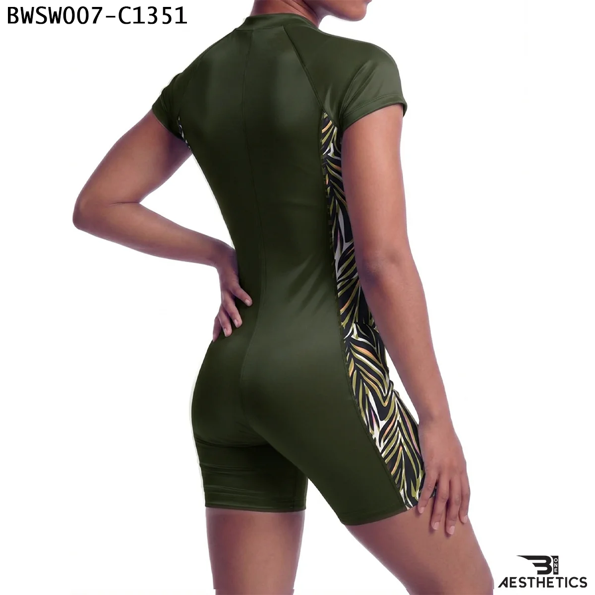 Women's one piece swimsuit back view showing boy leg coverage and ergonomic seams