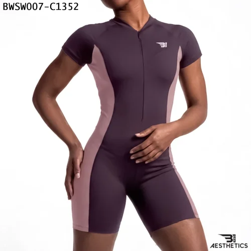 Women's one piece swimsuit front view featuring front zipper and side contour panels