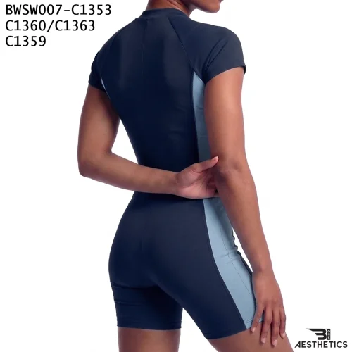 Women's one piece swimsuit back view showing boy leg coverage and ergonomic seams