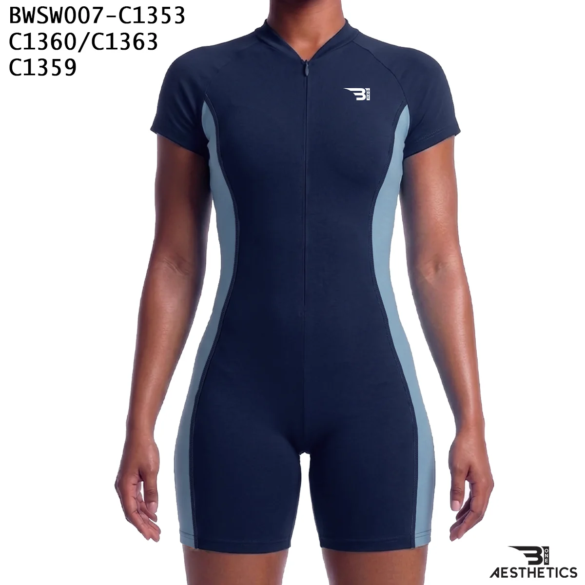 Women's one piece swimsuit front view featuring front zipper and side contour panels