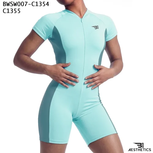 Women's one piece swimsuit front view featuring front zipper and side contour panels
