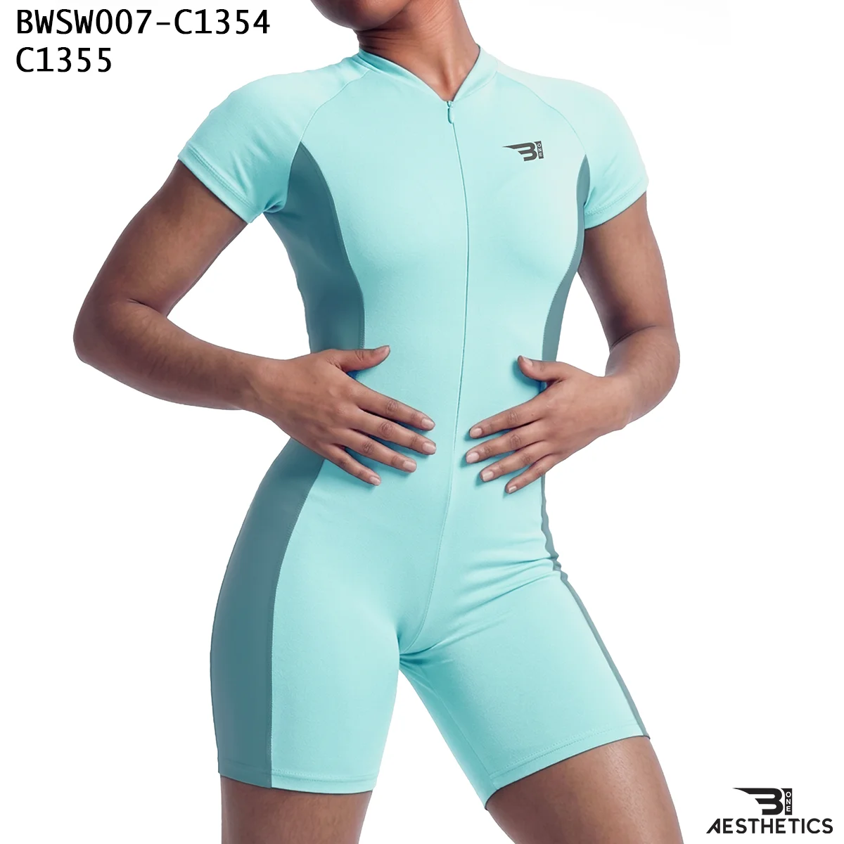 Women's one piece swimsuit front view featuring front zipper and side contour panels