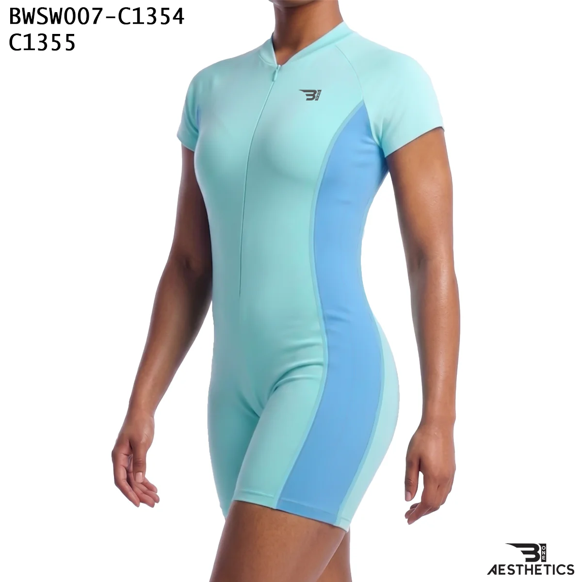 Women's one piece swimsuit front view featuring front zipper and side contour panels
