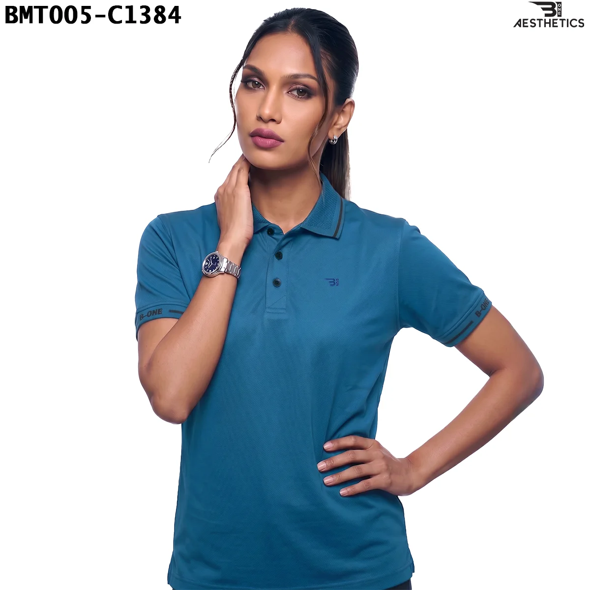 Unisex polo t-shirt athletic regular fit view on female model