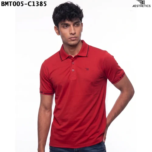 Unisex polo t-shirt front view on male model showing collar and sleeve tipping