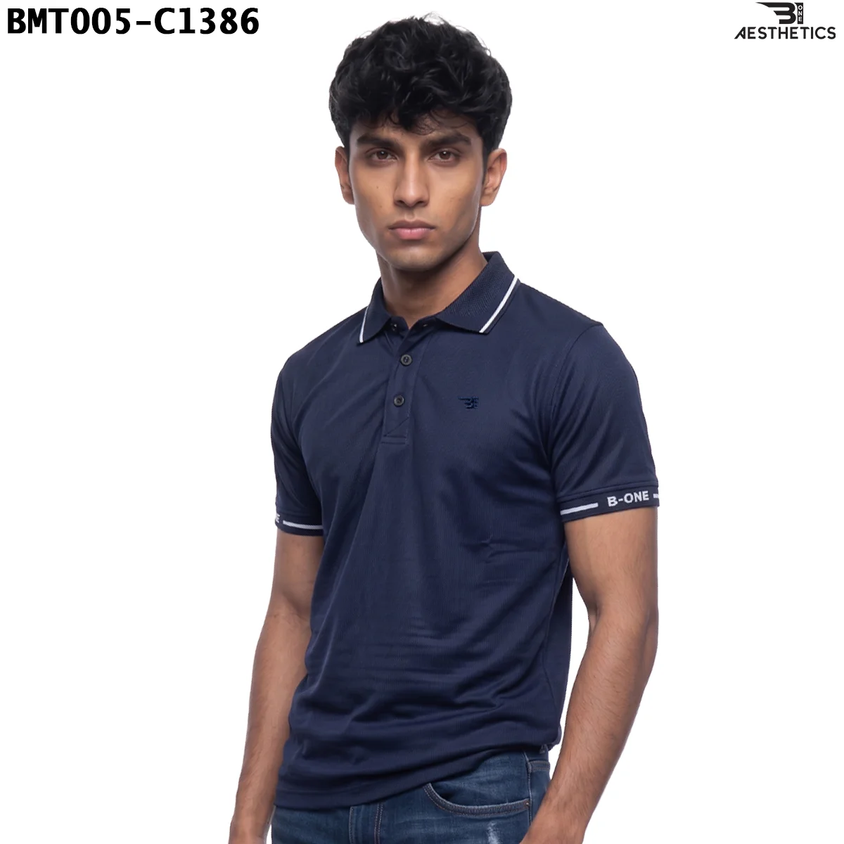 Unisex polo t-shirt front view on male model showing collar and sleeve tipping