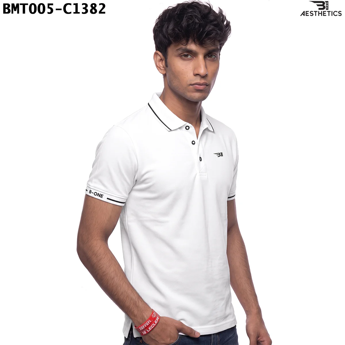 Unisex polo t-shirt front view on male model showing collar and sleeve tipping