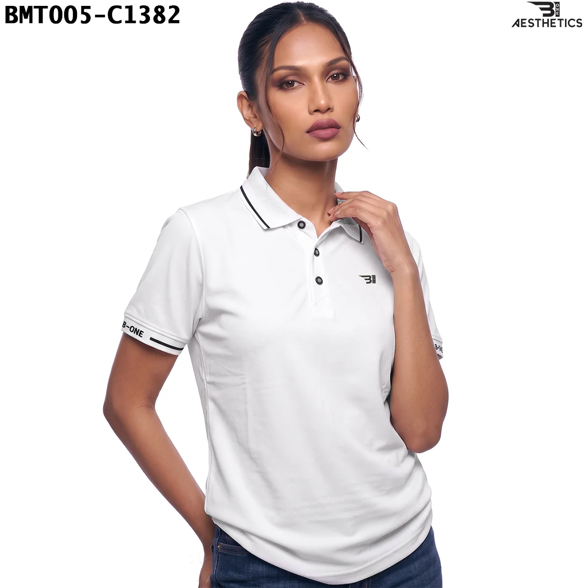 Unisex polo t-shirt athletic regular fit view on female model