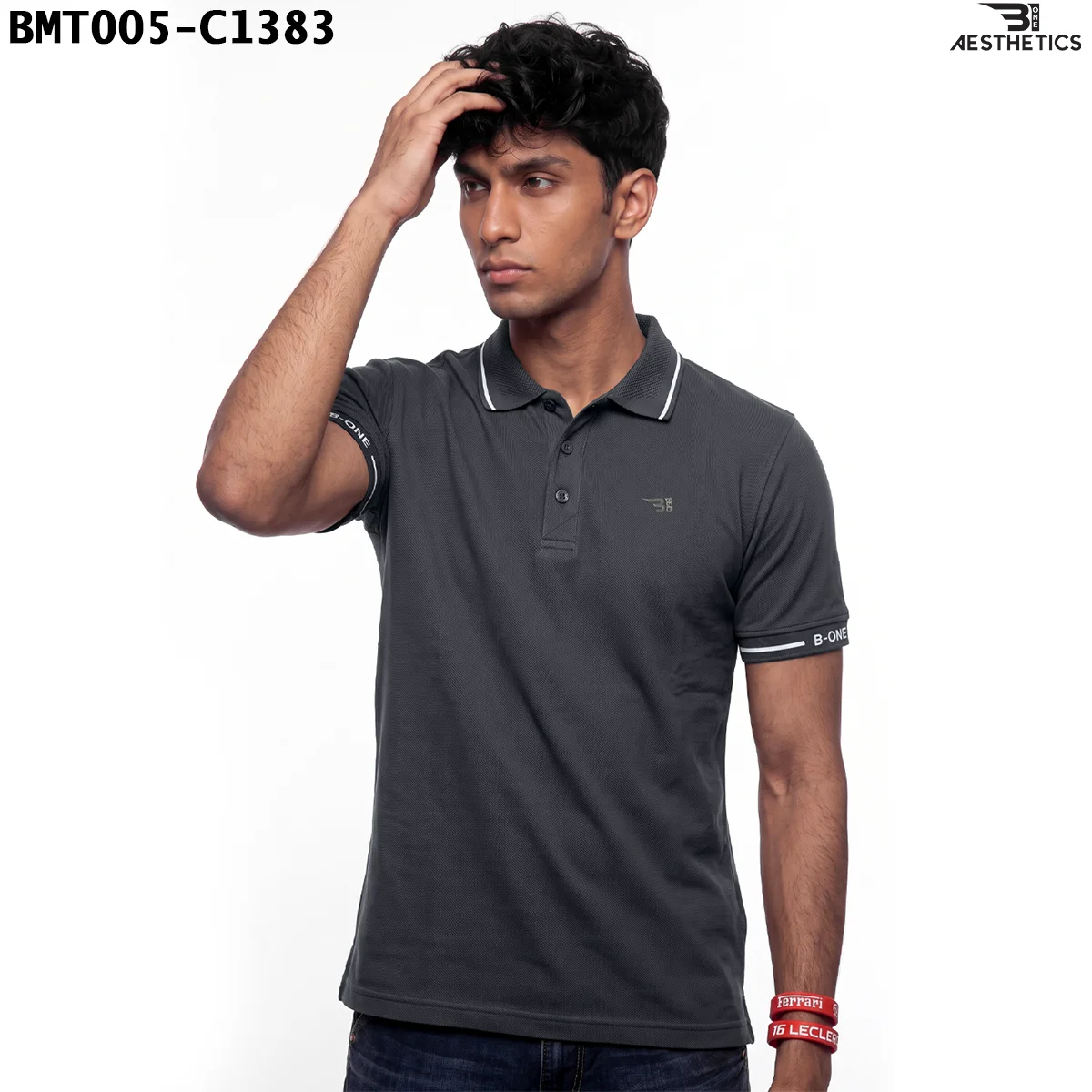 Unisex polo t-shirt front view on male model showing collar and sleeve tipping