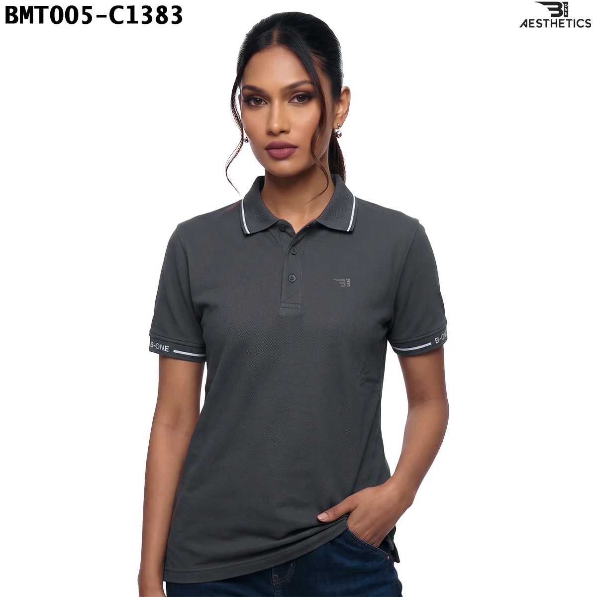 Unisex polo t-shirt athletic regular fit view on female model