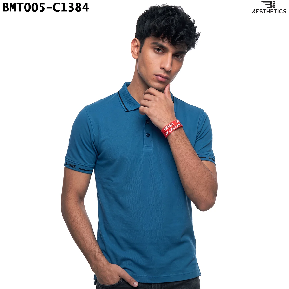 Unisex polo t-shirt front view on male model showing collar and sleeve tipping