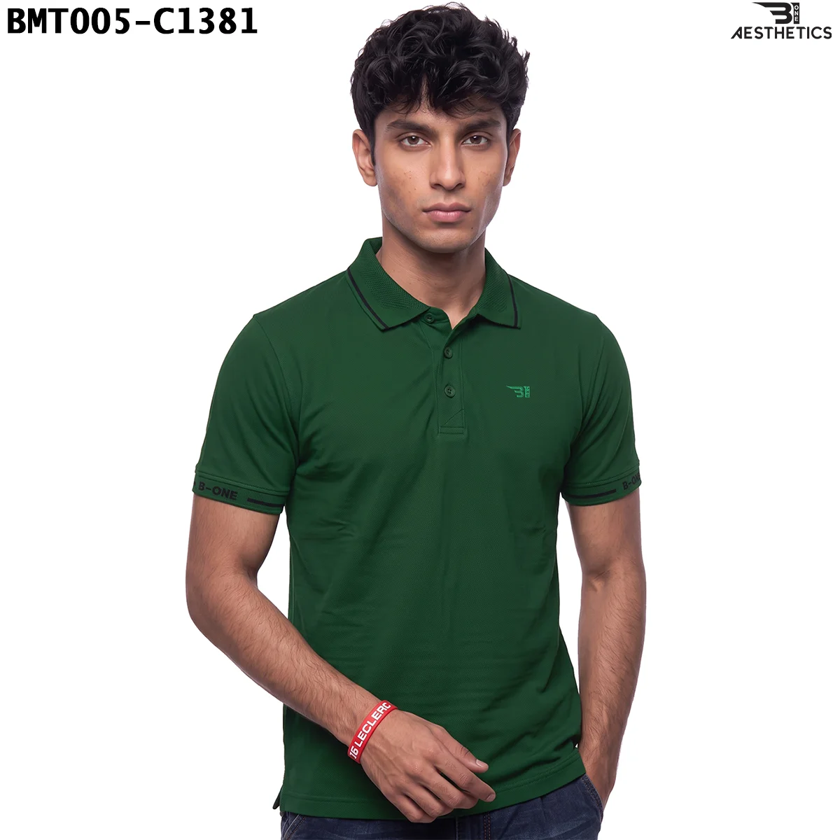 Unisex polo t-shirt front view on male model showing collar and sleeve tipping