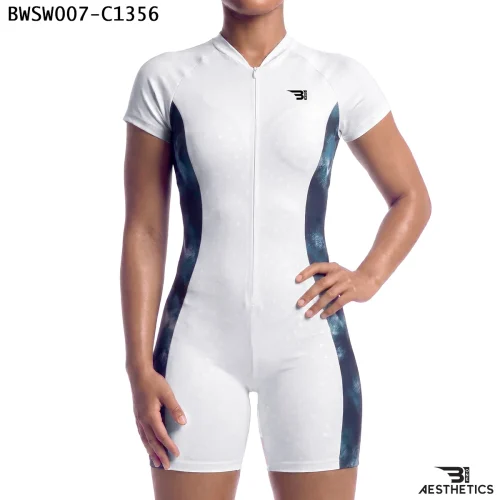 Women's one piece swimsuit front view featuring front zipper and side contour panels