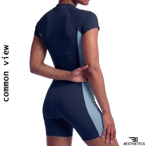 Women's one piece swimsuit back view showing boy leg coverage and ergonomic seams