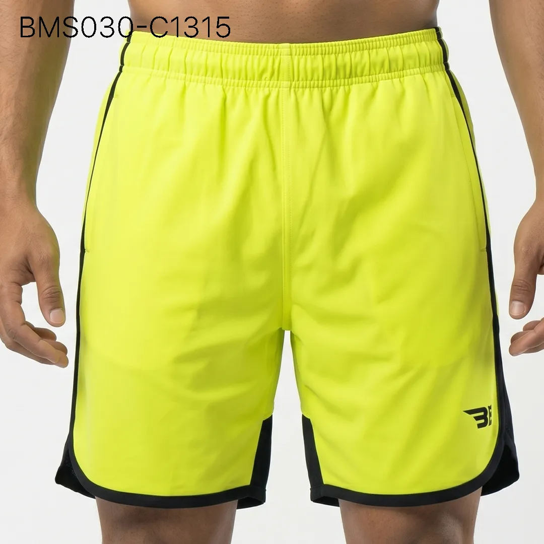 Men's practice short front view showing elastic waistband and curved hem split