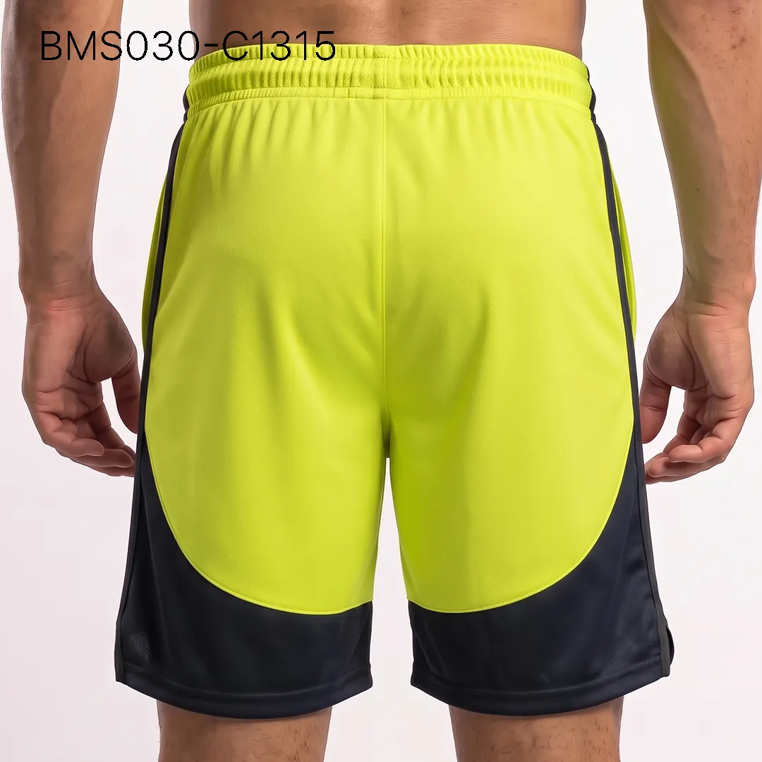 Men's athletic practice short back profile view with curved contrast paneling