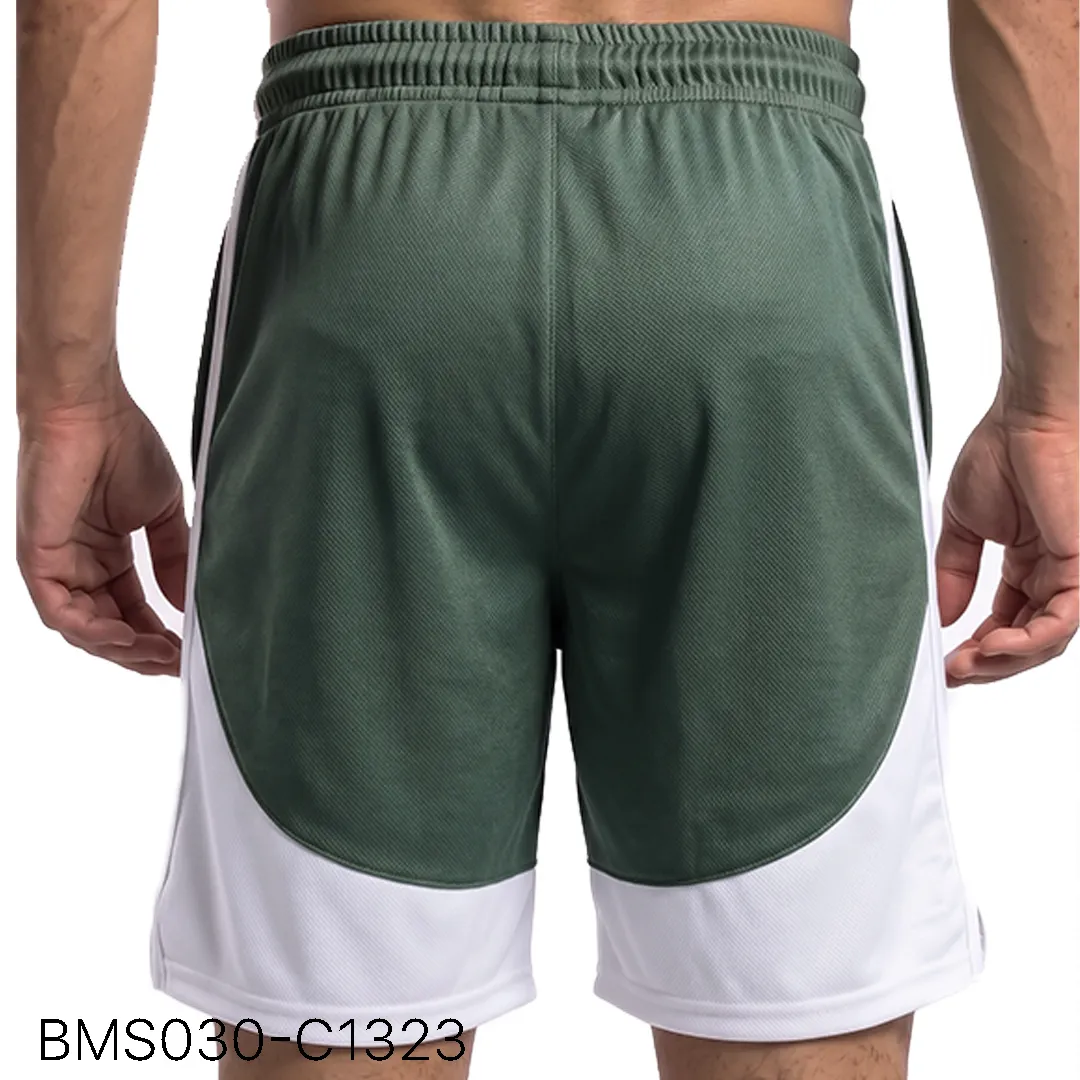 Men's athletic practice short back profile view with curved contrast paneling