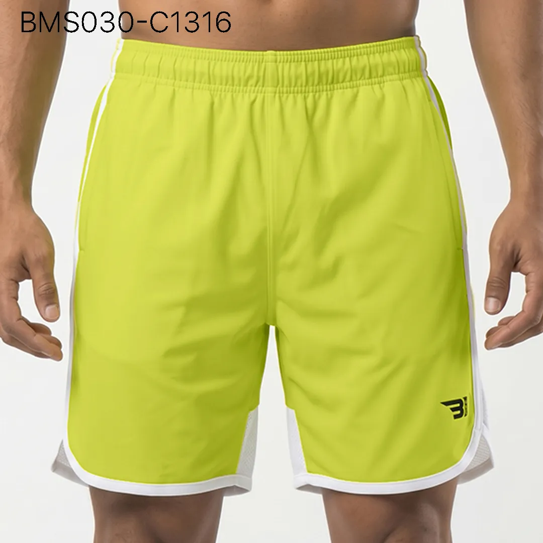 Men's practice short front view showing elastic waistband and curved hem split