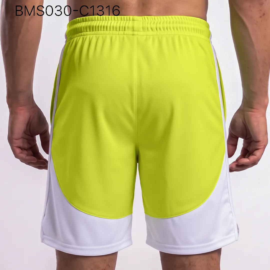 Men's athletic practice short back profile view with curved contrast paneling