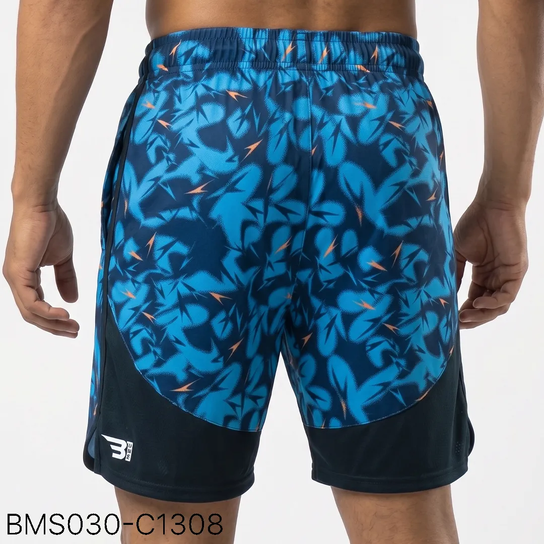 Men's athletic practice short back profile view with curved contrast paneling