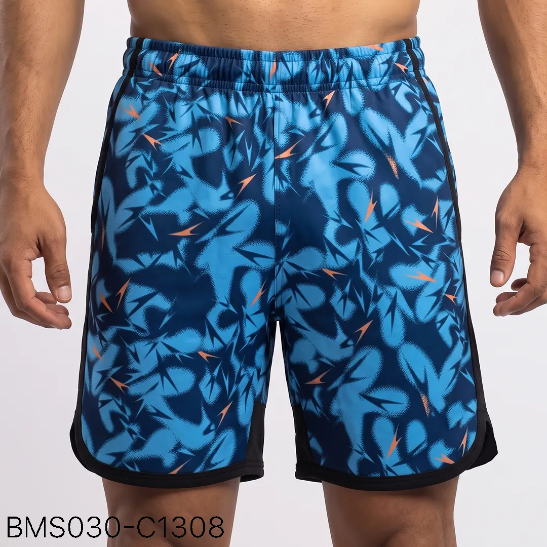 Men's practice short front view showing elastic waistband and curved hem split