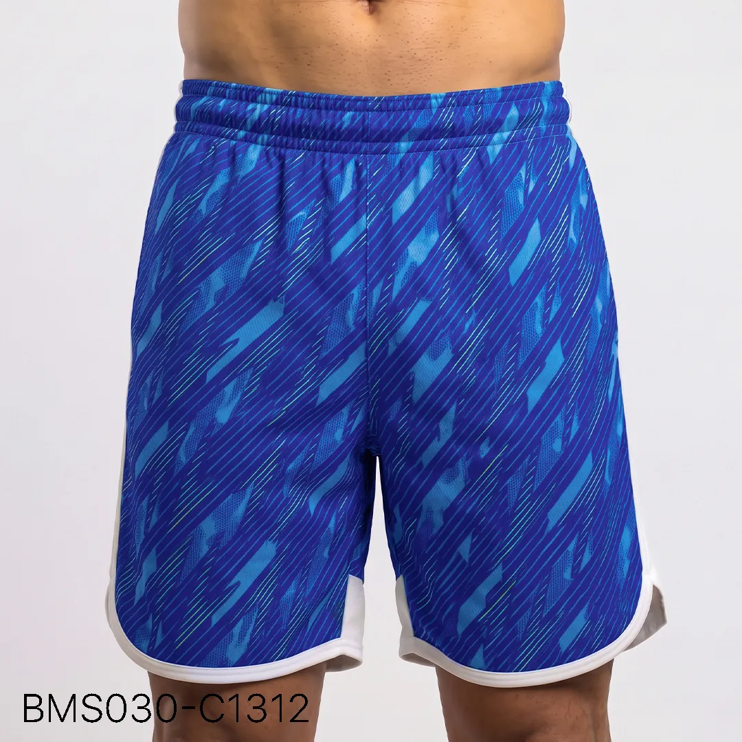 Men's practice short front view showing elastic waistband and curved hem split