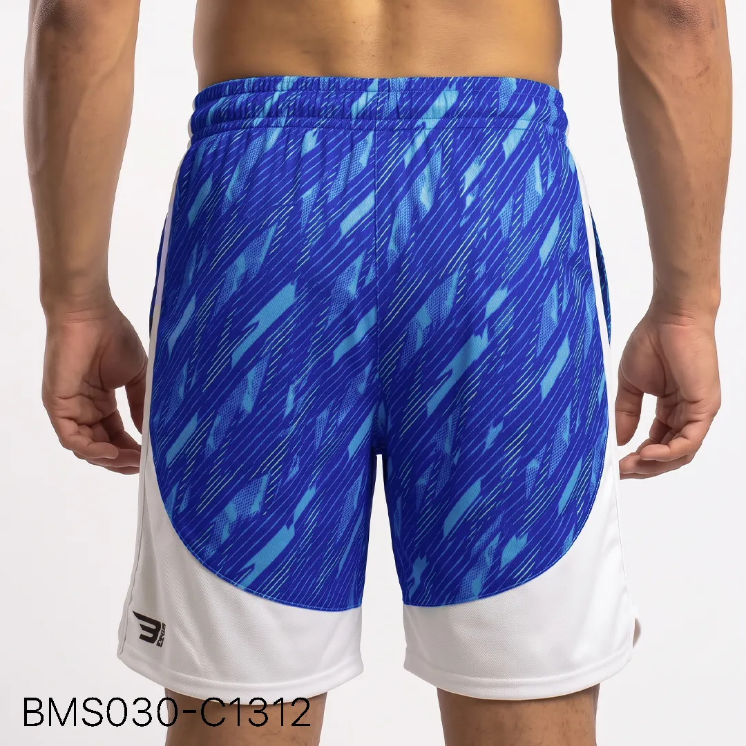 Men's athletic practice short back profile view with curved contrast paneling