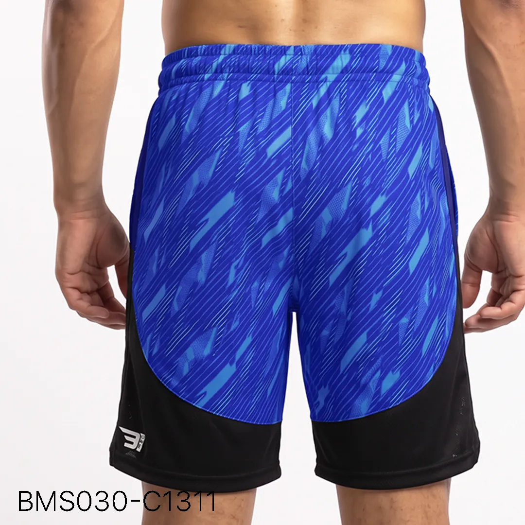 Men's athletic practice short back profile view with curved contrast paneling