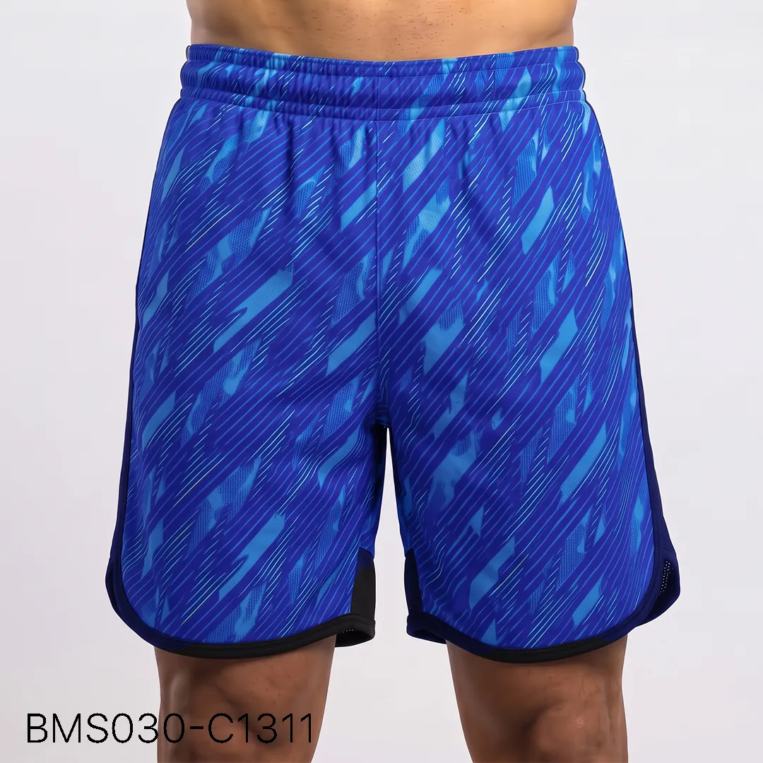 Men's practice short front view showing elastic waistband and curved hem split