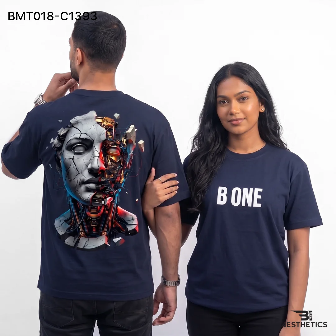 Unisex oversized cyberware t-shirt showcasing front chest branding and back futuristic graphic