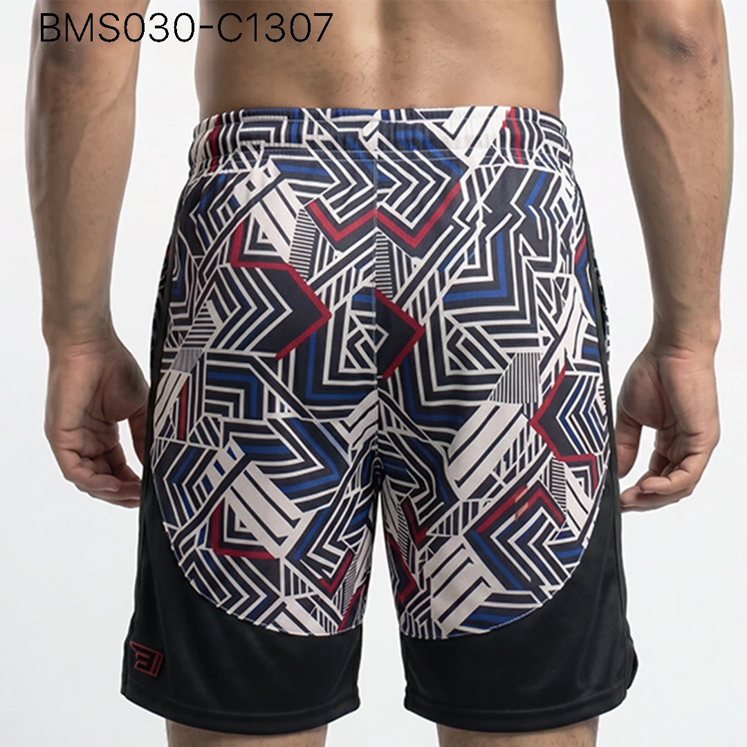 Men's athletic practice short back profile view with curved contrast paneling