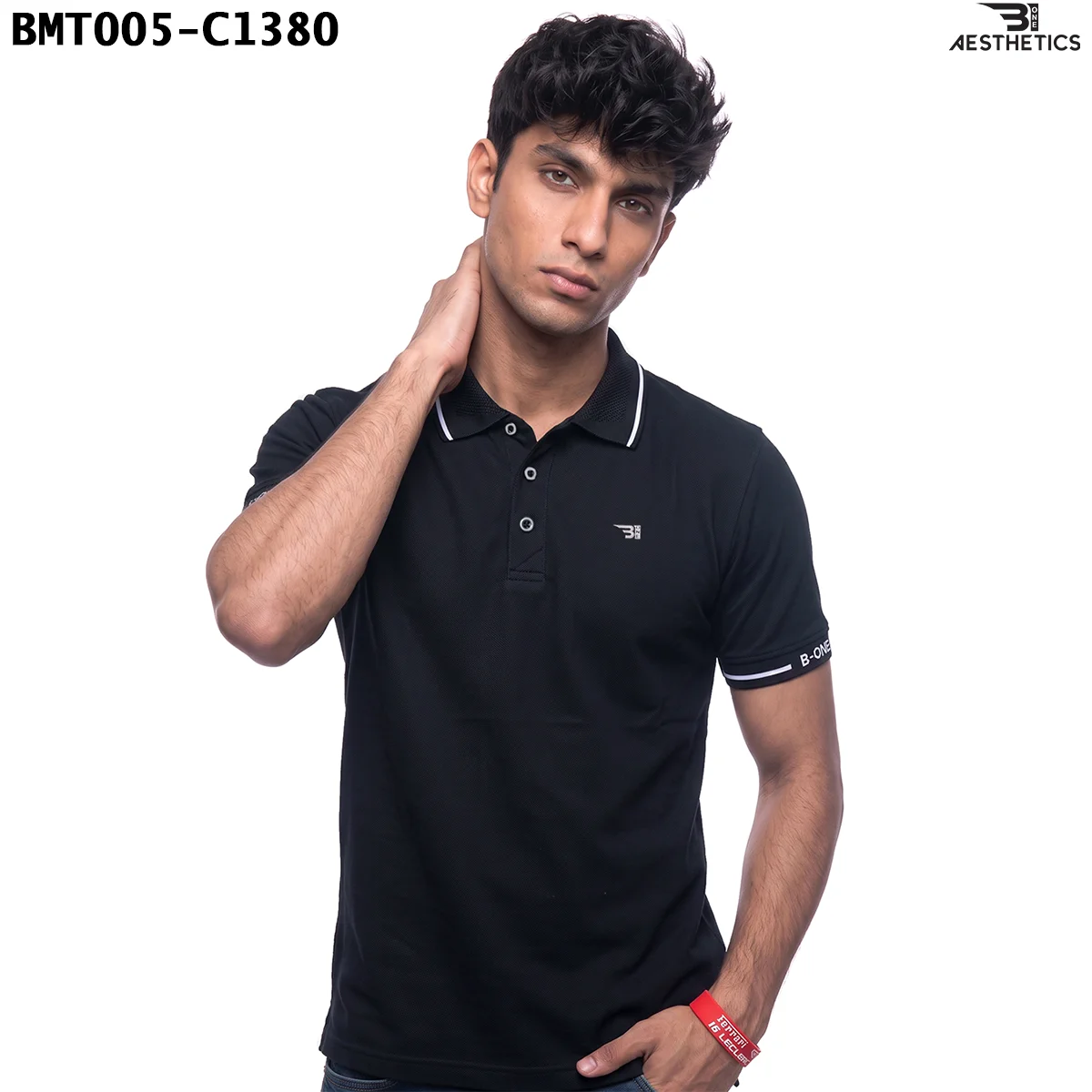 Unisex polo t-shirt front view on male model showing collar and sleeve tipping