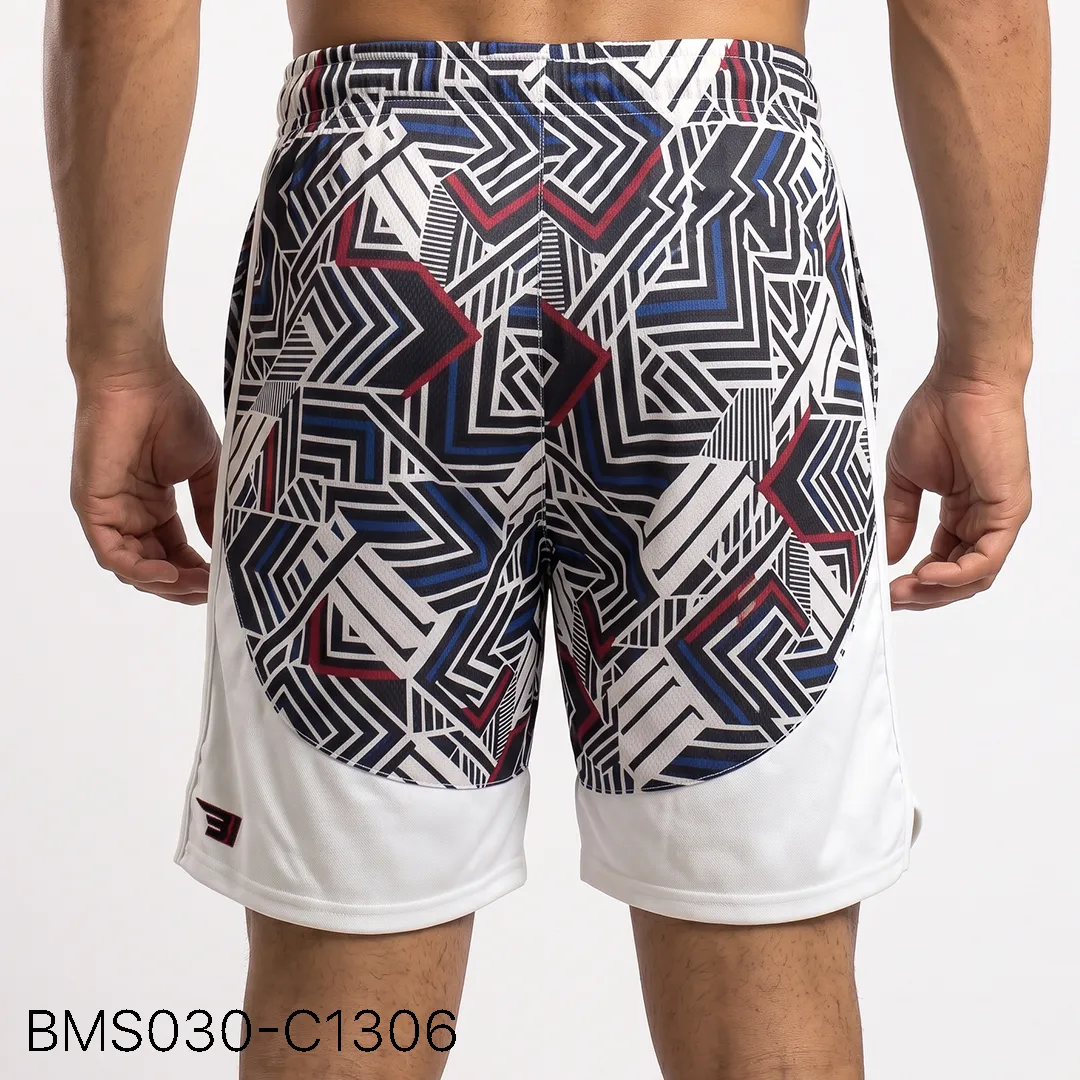 Men's athletic practice short back profile view with curved contrast paneling