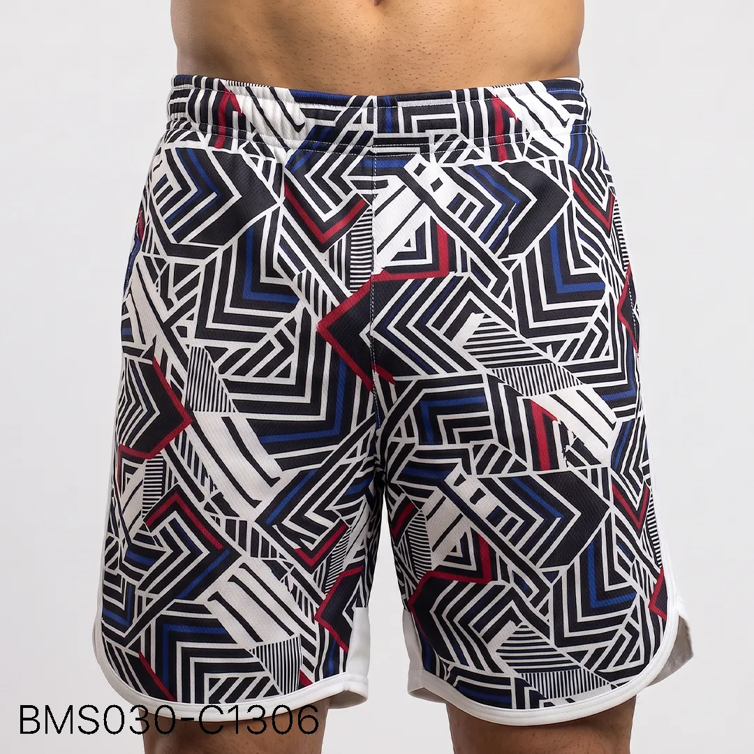 Men's practice short front view showing elastic waistband and curved hem split
