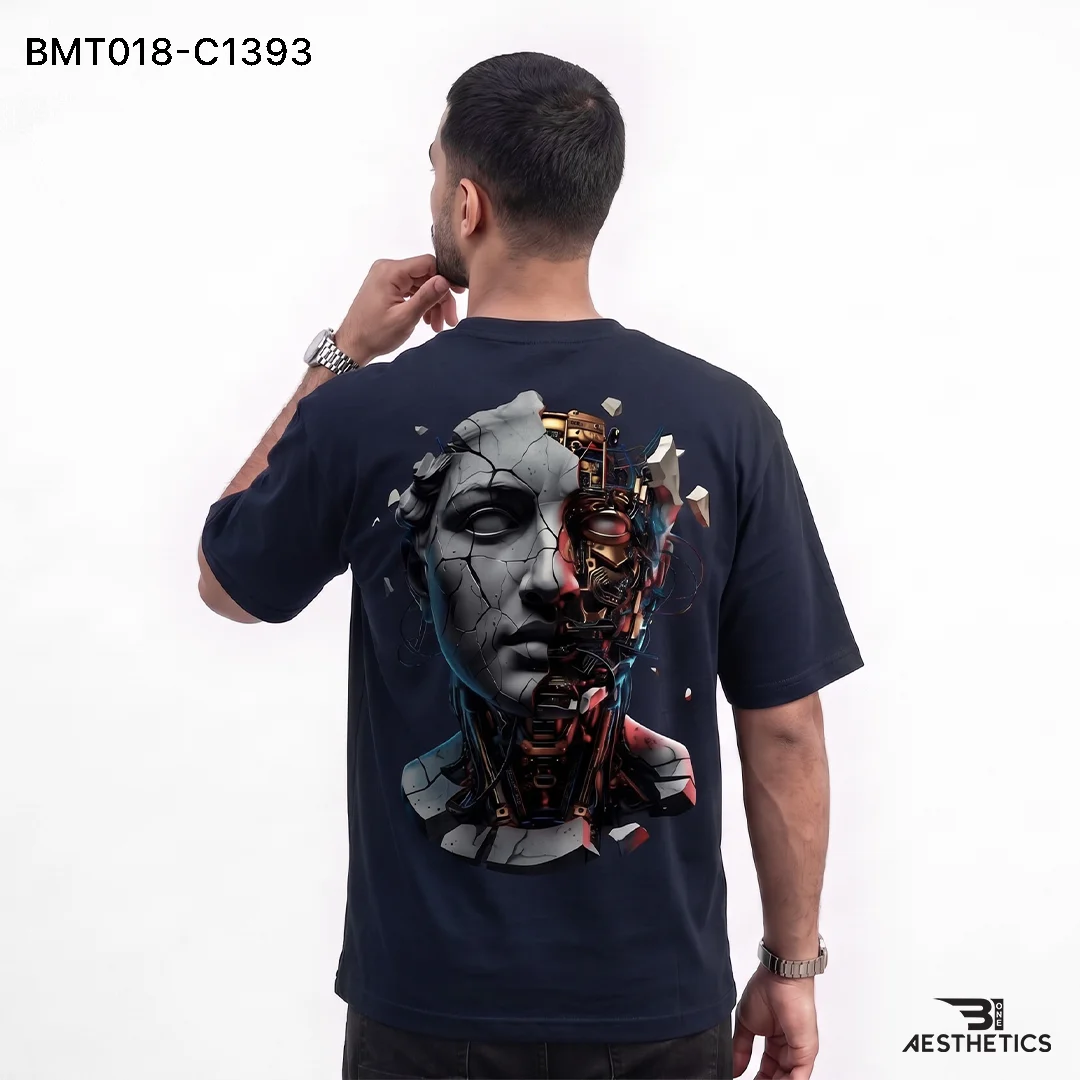 Oversized cyberware t-shirt back graphic featuring futuristic mecha cyborg sculpture