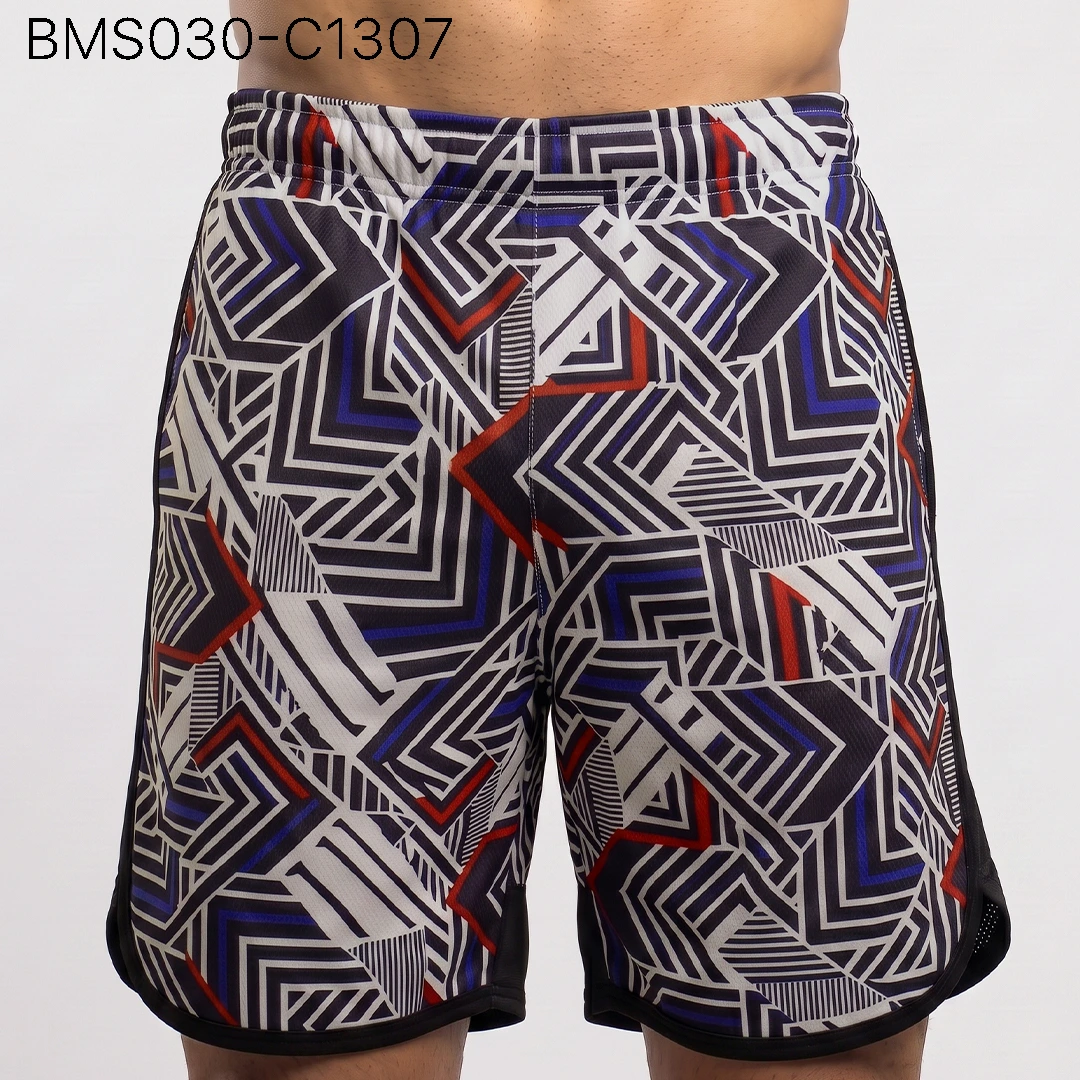 Men's practice short front view showing elastic waistband and curved hem split