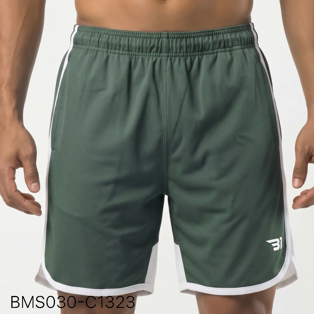 Men's practice short front view showing elastic waistband and curved hem split