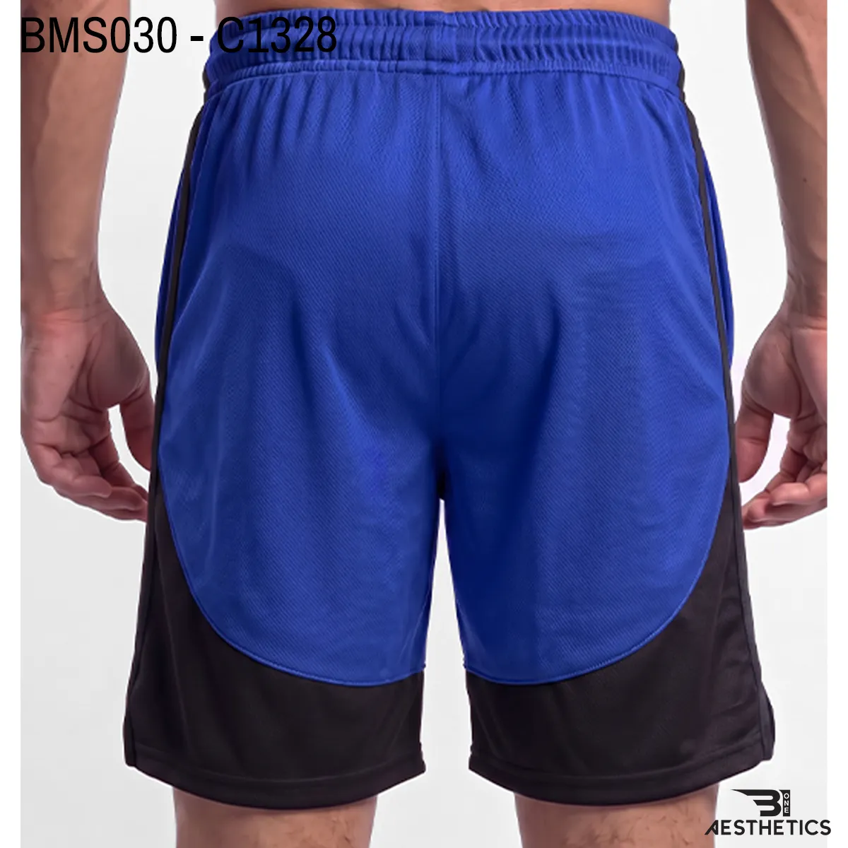 Men's athletic practice short back profile view with curved contrast paneling
