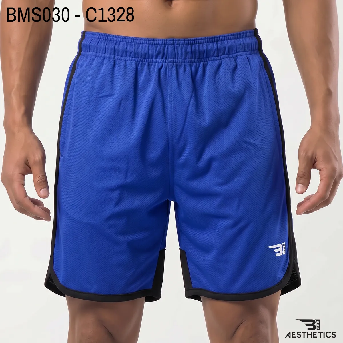 Men's practice short front view showing elastic waistband and curved hem split