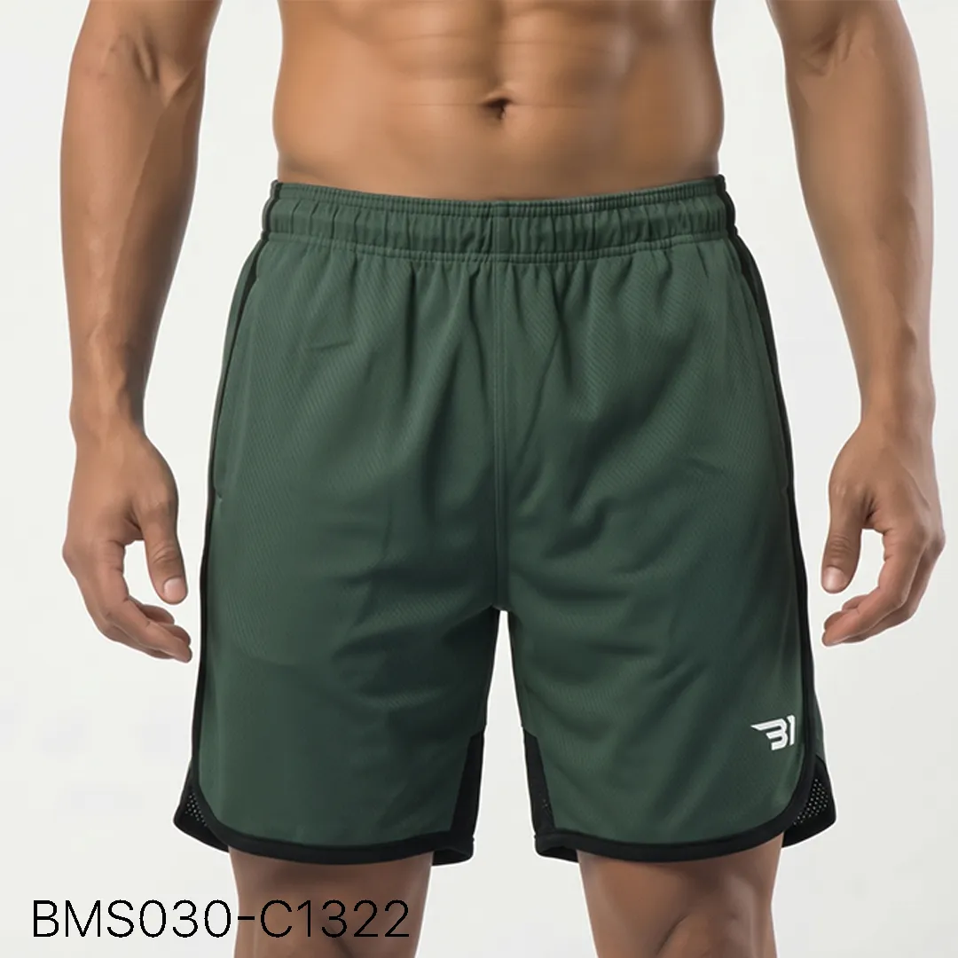 Men's practice short front view showing elastic waistband and curved hem split
