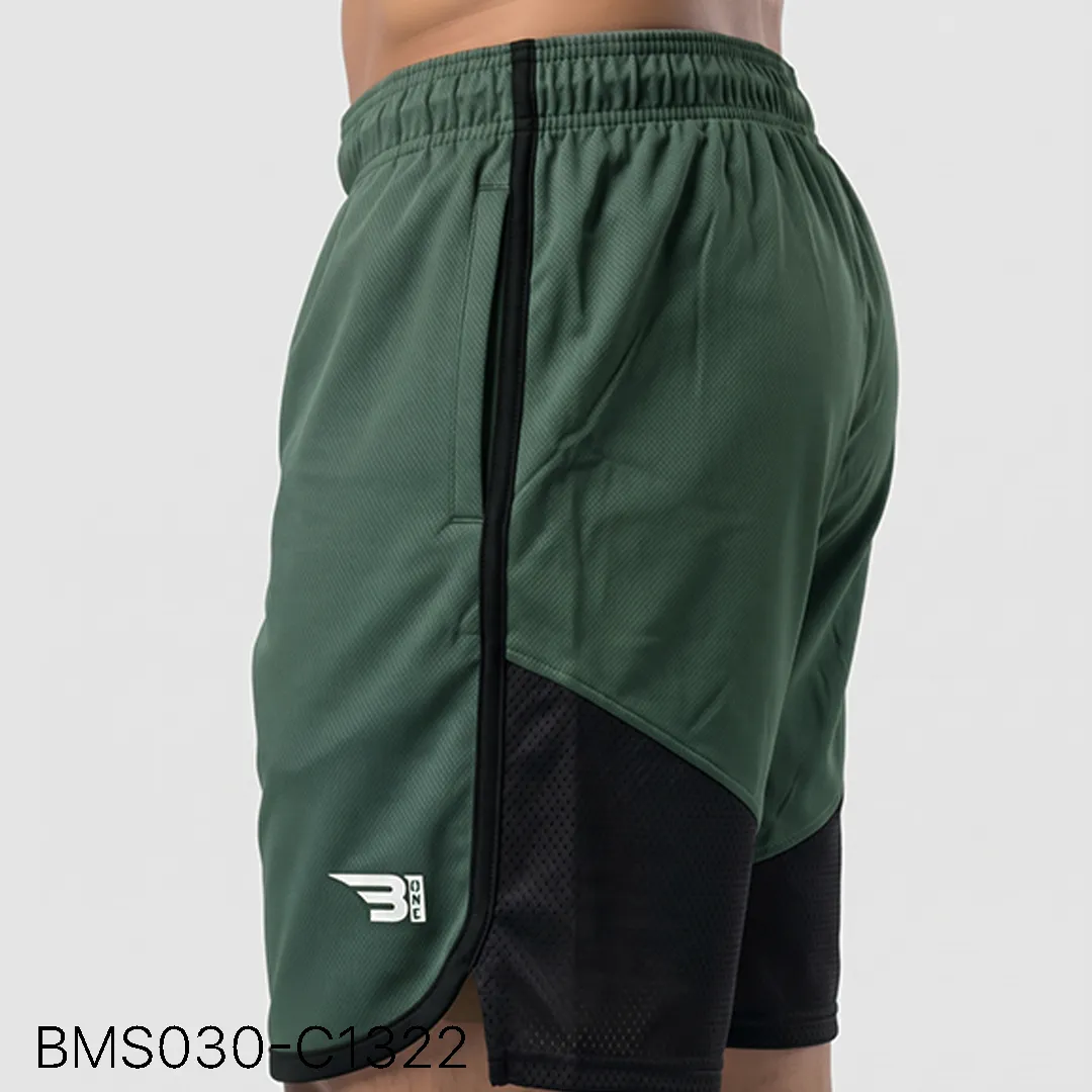 Men's athletic practice short back profile view with curved contrast paneling