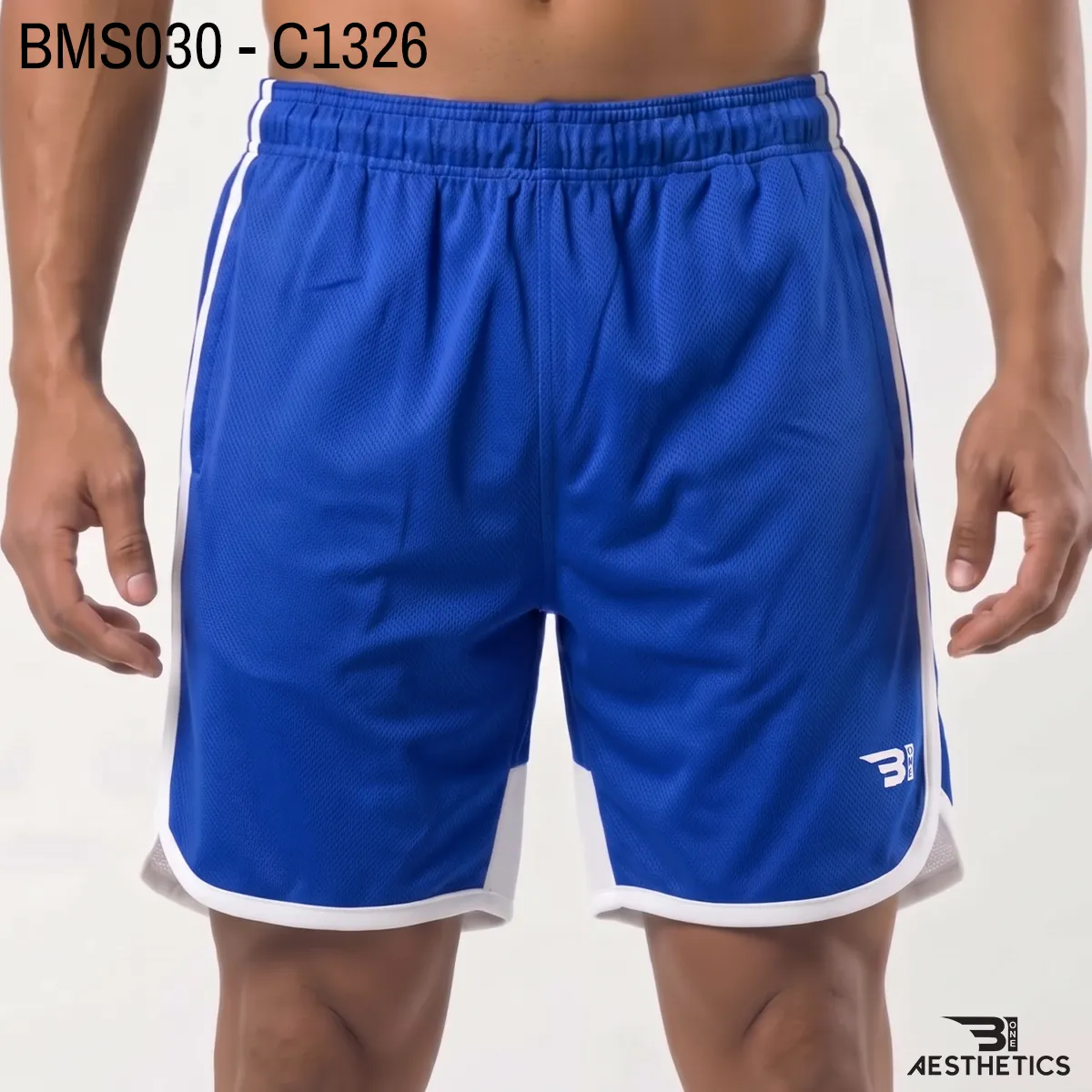 Men's practice short front view showing elastic waistband and curved hem split