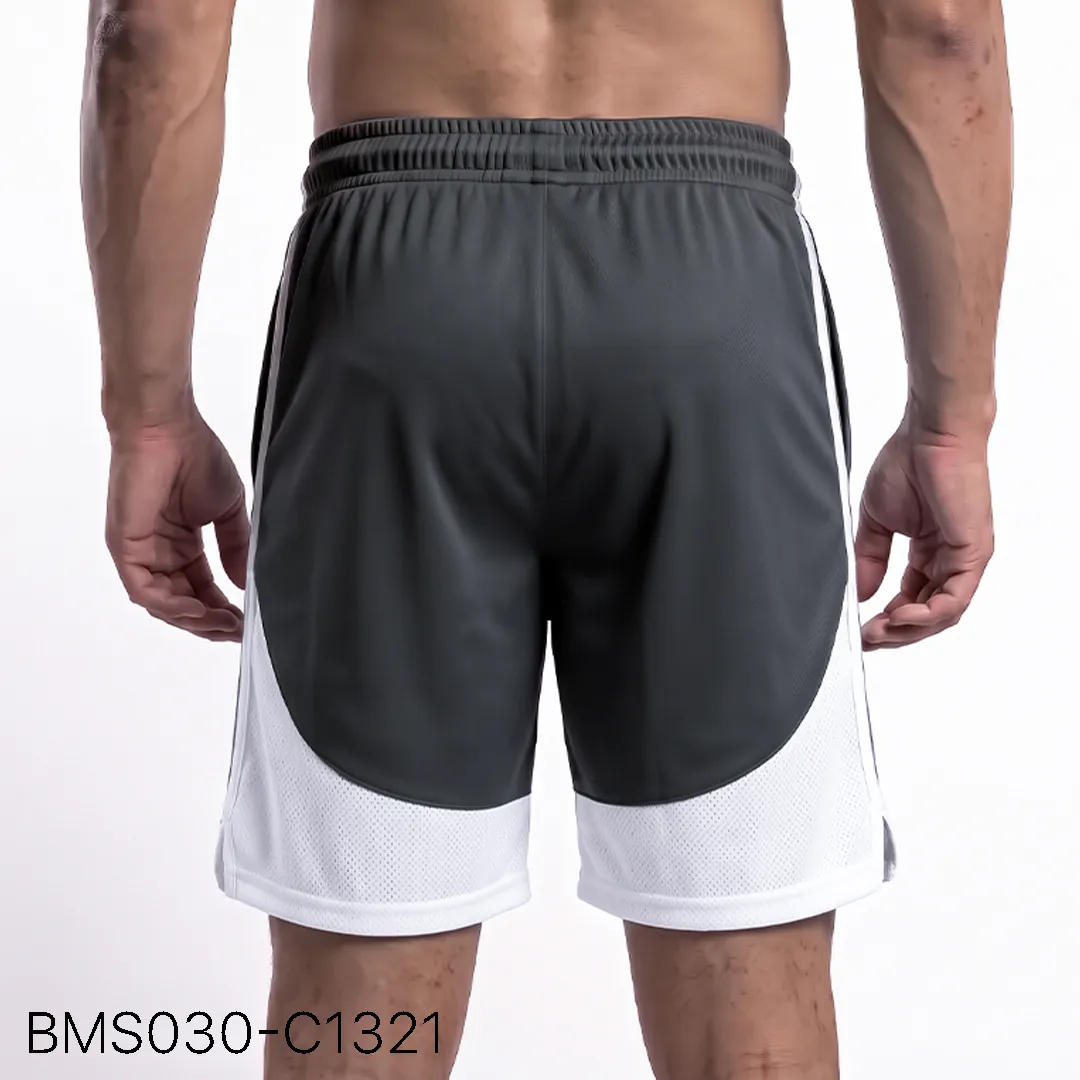 Men's athletic practice short back profile view with curved contrast paneling